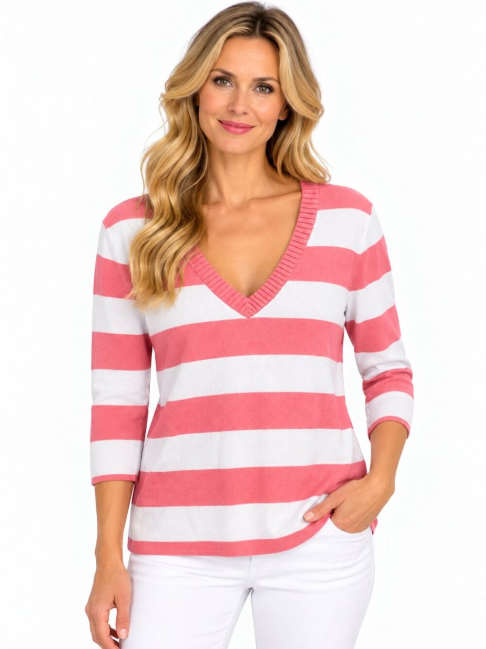 Venini Coral Pink White Striped V-Neck Sweater Top Size Medium